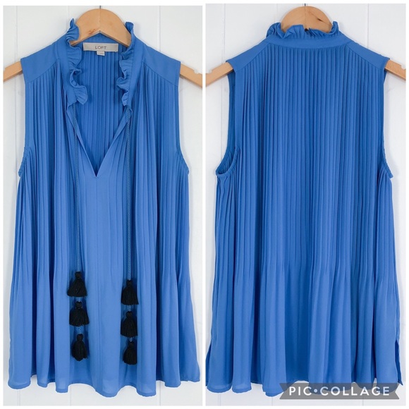 LOFT Tops - Loft Pleated Tassel Sleeveless Tank with Ruffle Trim Collar - Size Small, Blue